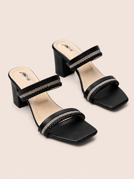 Braided Rhinestone Double Strap Block Heel Sandals | Elegant Ladies Heels Bangladesh