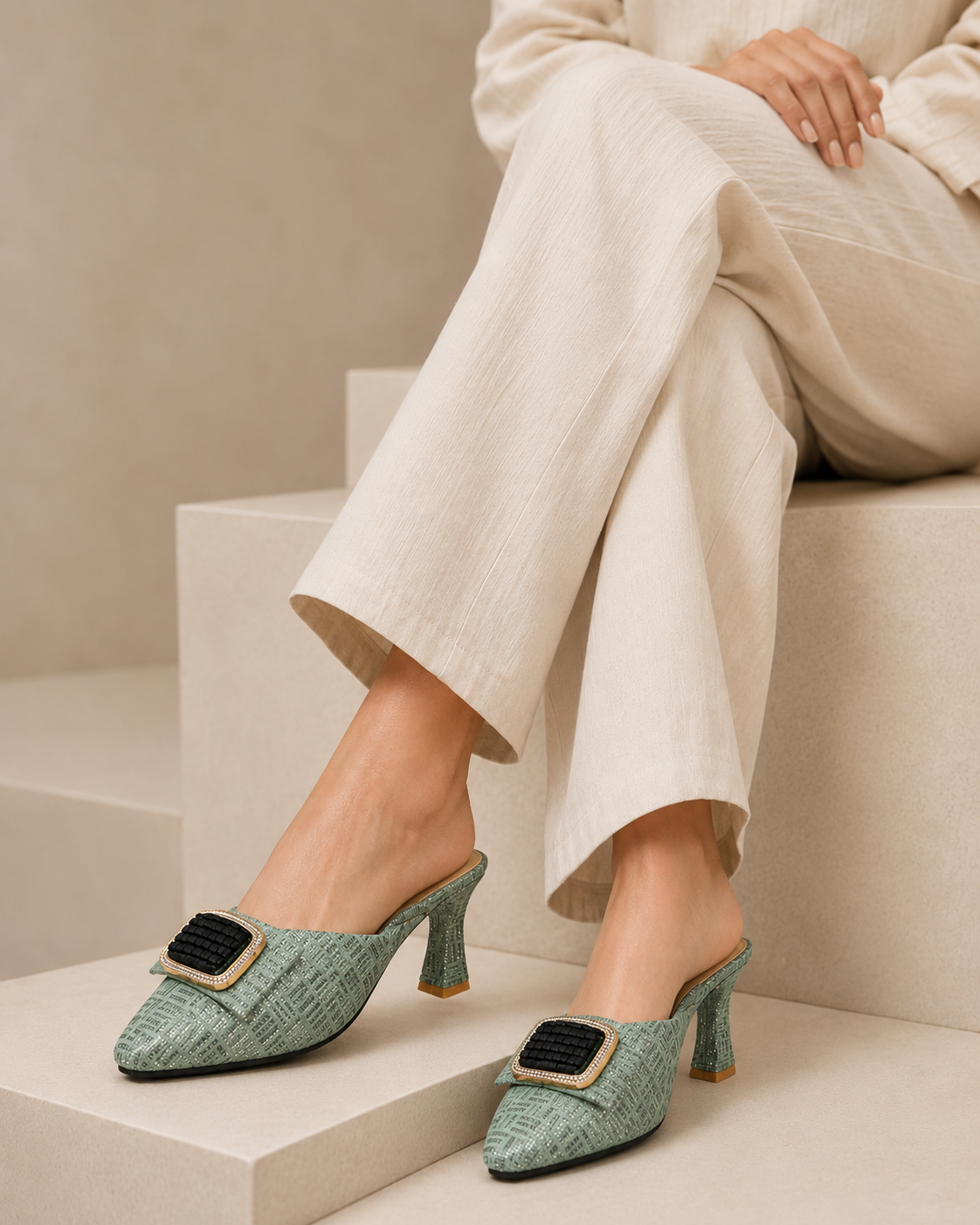 Aurelia Gold Tweed Pointed Toe Heeled Mules with Rhinestone Buckle | Nawabis shoes BD