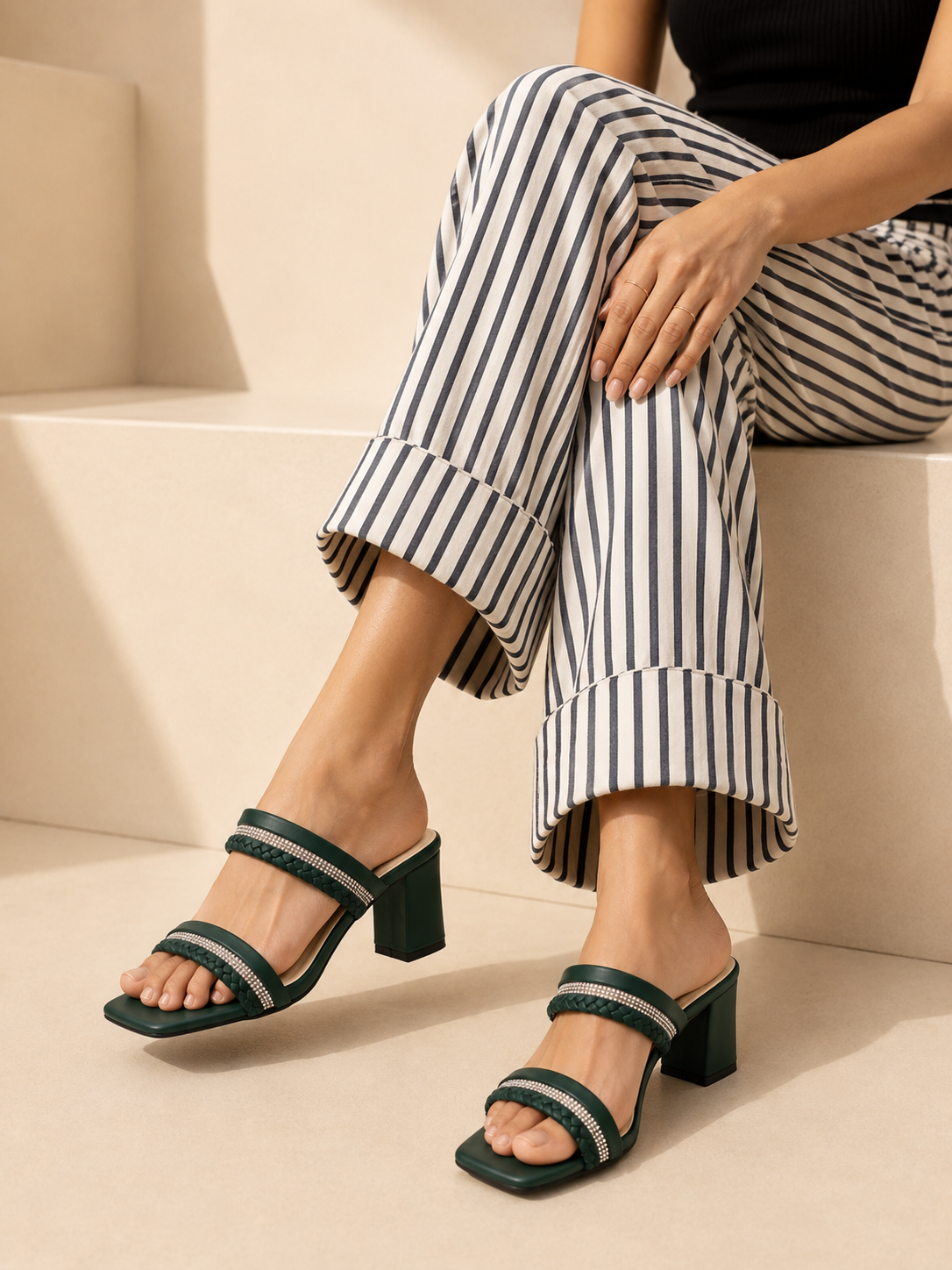Braided Rhinestone Double Strap Block Heel Sandals | Elegant Ladies Heels Bangladesh