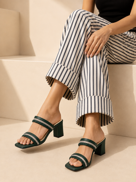 Braided Rhinestone Double Strap Block Heel Sandals | Elegant Ladies Heels Bangladesh