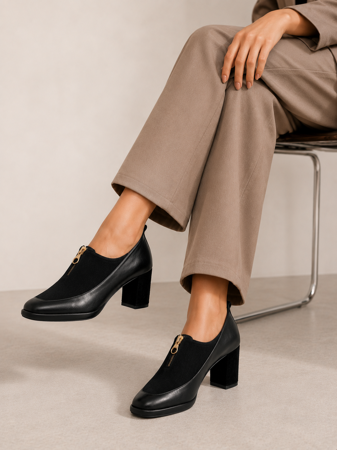 Zivara Front Zip Block Heel Shoes for Women | Nawabi Shoes