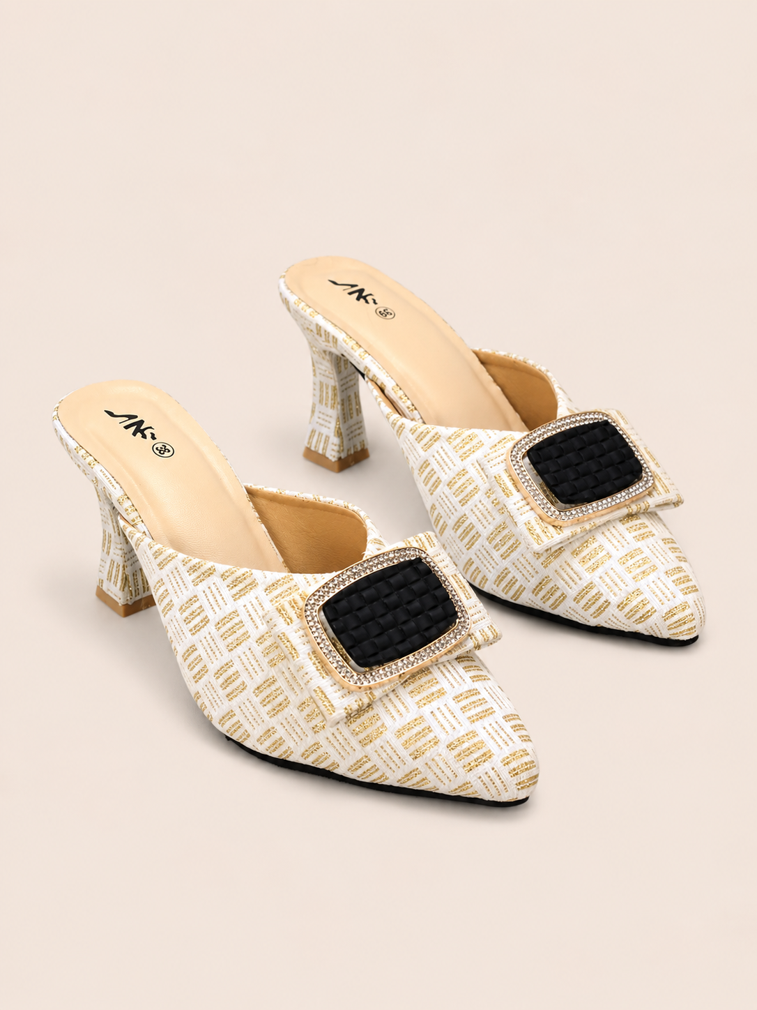 Aurelia Gold Tweed Pointed Toe Heeled Mules with Rhinestone Buckle | Nawabis shoes BD