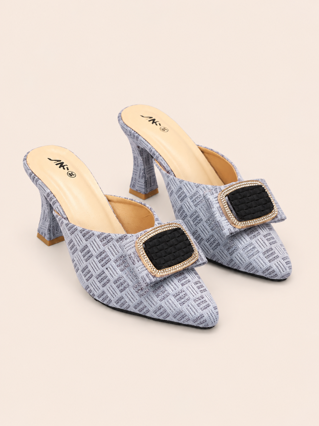 Aurelia Gold Tweed Pointed Toe Heeled Mules with Rhinestone Buckle | Nawabis shoes BD