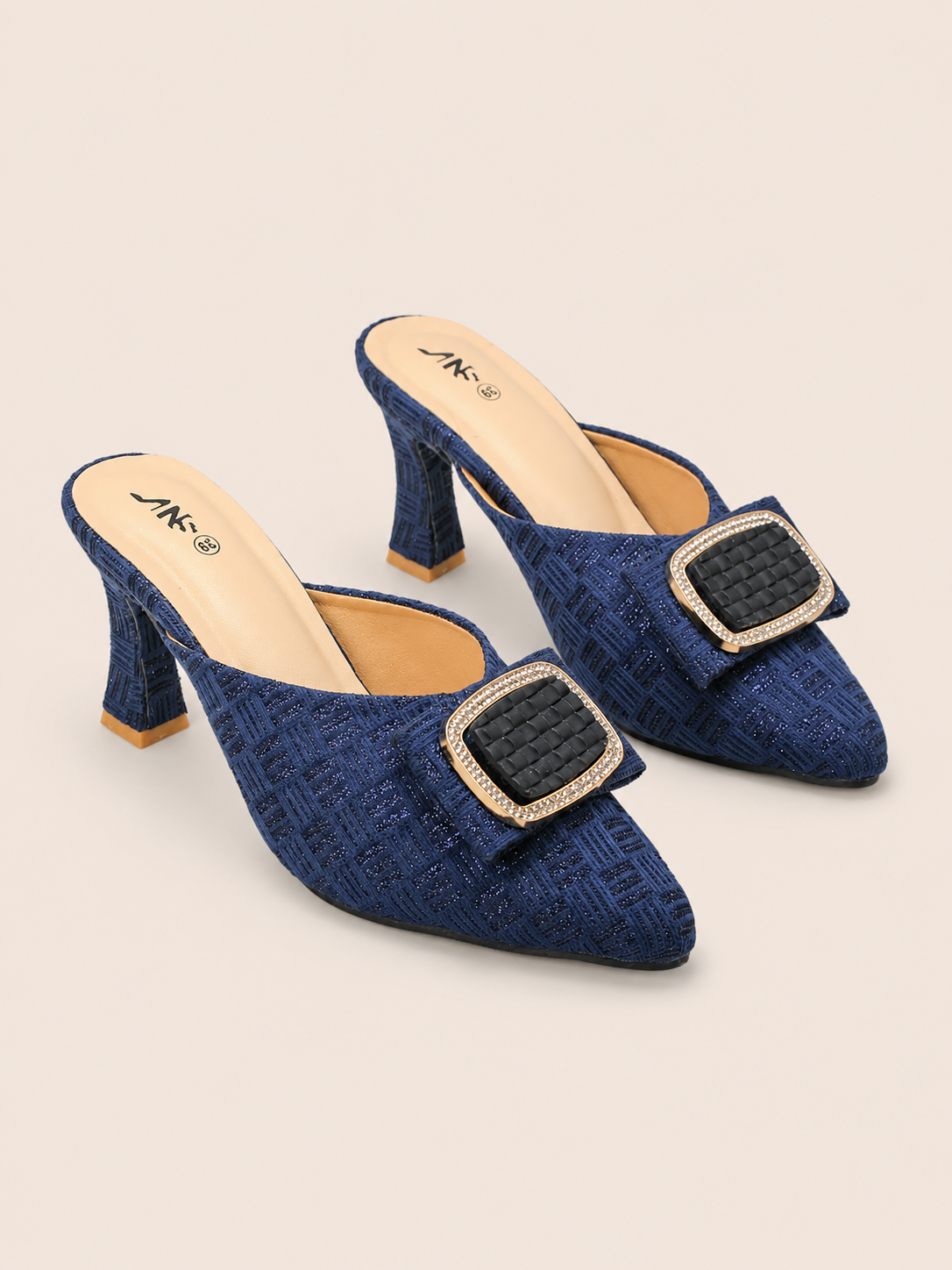 Aurelia Gold Tweed Pointed Toe Heeled Mules with Rhinestone Buckle | Nawabis shoes BD
