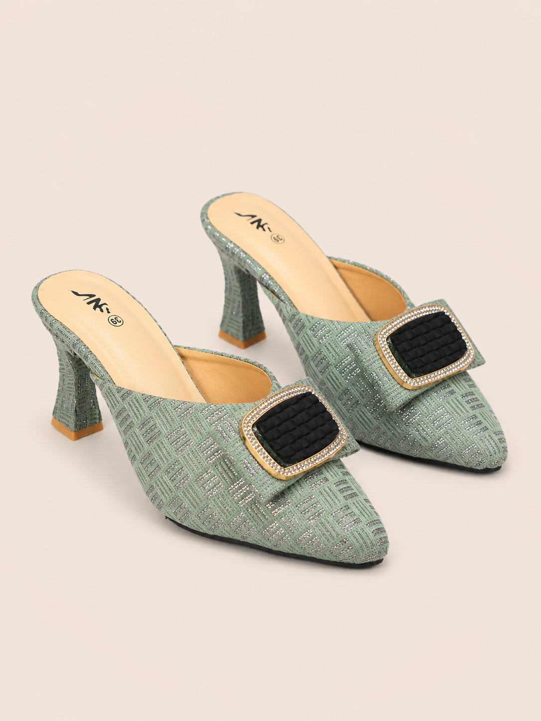 Aurelia Gold Tweed Pointed Toe Heeled Mules with Rhinestone Buckle | Nawabis shoes BD