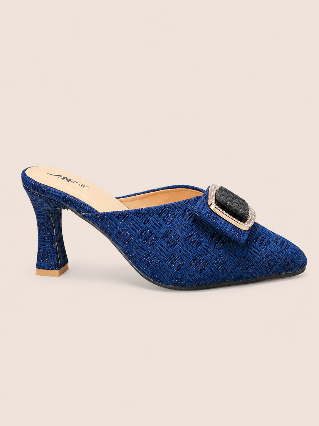 Aurelia Gold Tweed Pointed Toe Heeled Mules with Rhinestone Buckle | Nawabis shoes BD