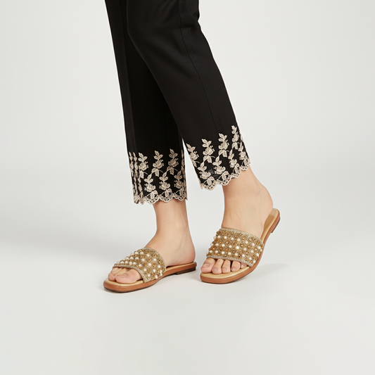 Pearl & Rhinestone Embellished Slides - Elegant Beaded Flat Sandals | Nawabi Shoes BD
