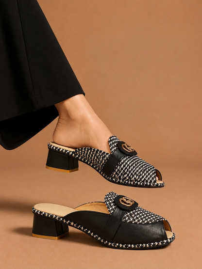 NK Tweed Peep-Toe Mule Sandals with Low Block Heel | Nawabis shoes BD