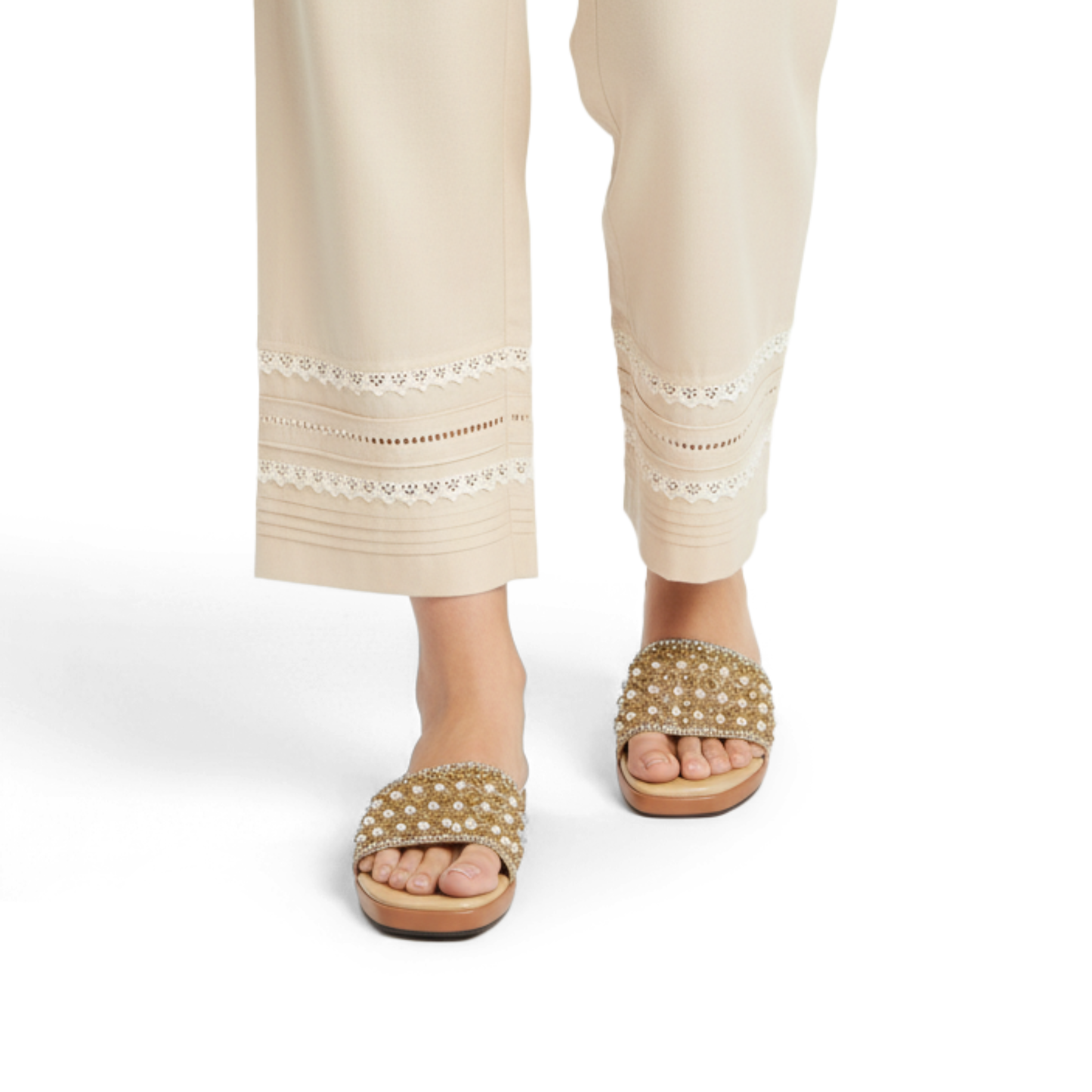 Pearl & Rhinestone Embellished Slides - Elegant Beaded Flat Sandals | Nawabi Shoes BD