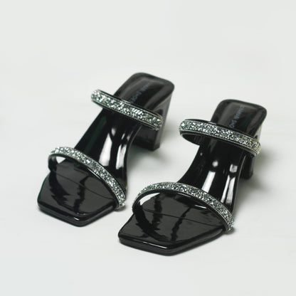  BLACK DOUBLE STRAP BLOCK HEELS LUXURY WOMEN'S-Nawabi Shoes BD