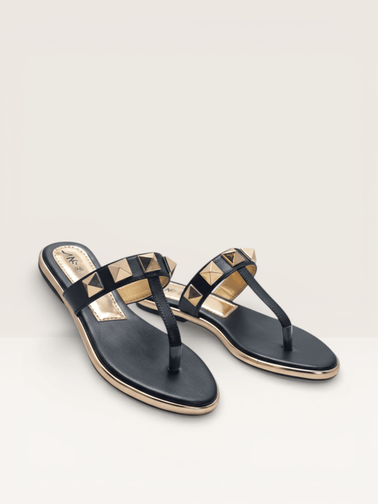 Elegant Black T - Strap Gold Stud Sandal for Women - Nawabi Shoes BD
