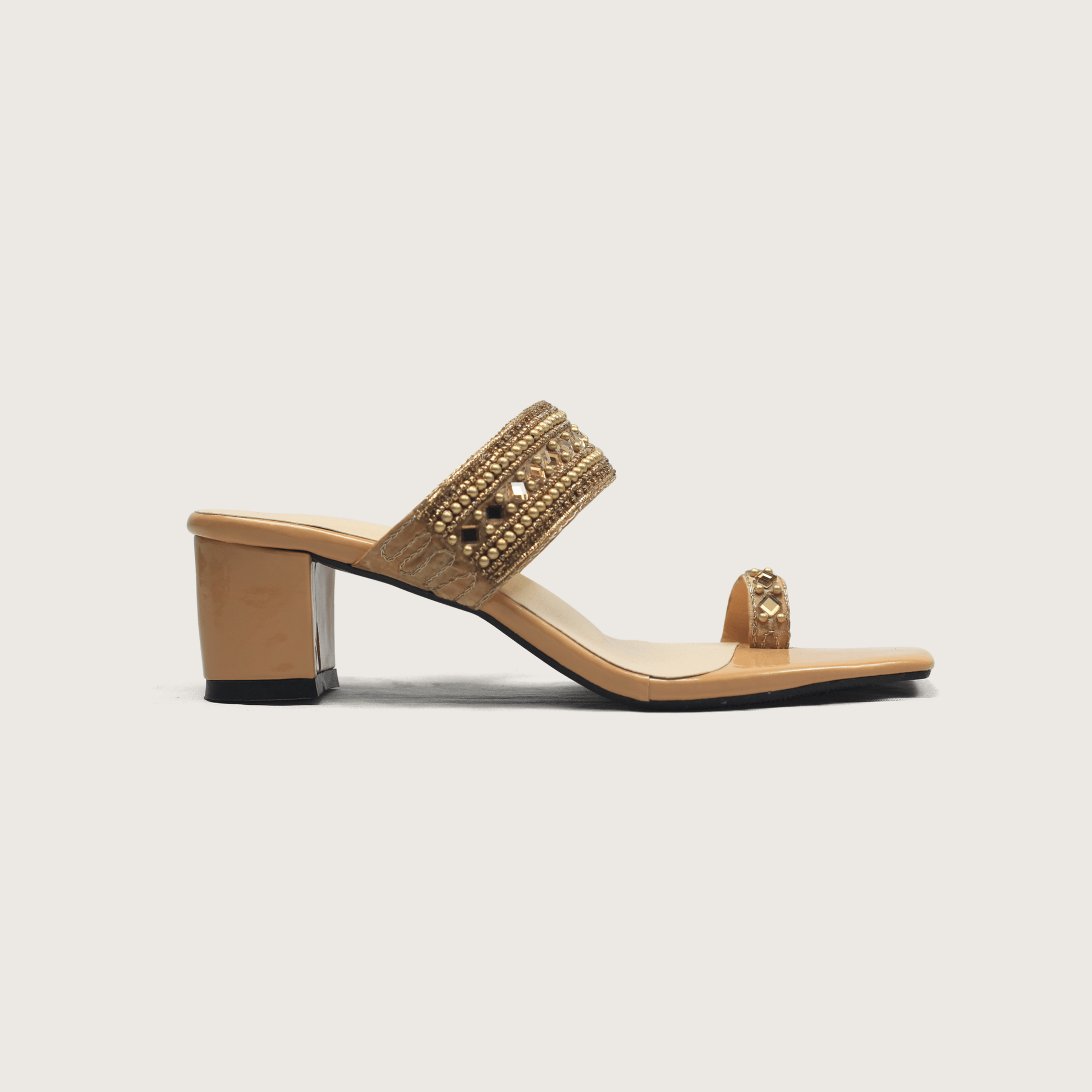 Gold Embellished Block Heel Mules - Elegant Toe - Ring | Nawabis shoes BD - Nawabi Shoes BD
