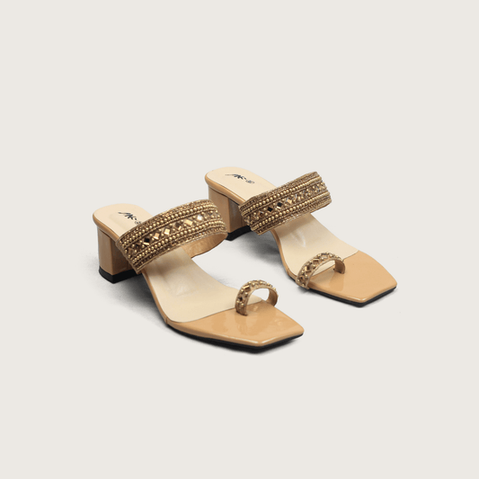 Gold Embellished Block Heel Mules - Elegant Toe - Ring | Nawabis shoes BD - Nawabi Shoes BD