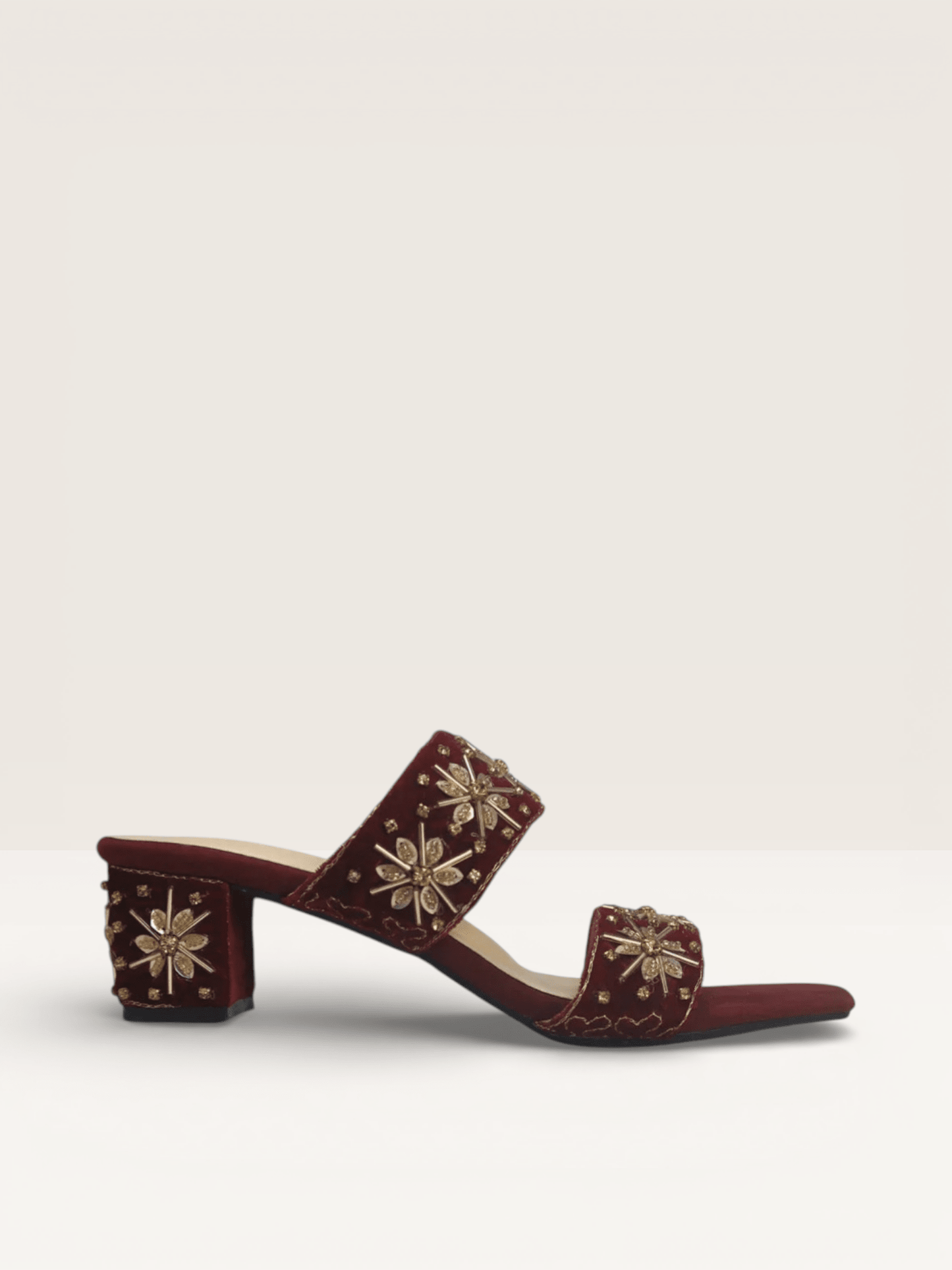 Maroon Velvet Embroidered Mules - Ethnic Block Heel Sandals | Nawabi Shoes BD - Nawabi Shoes BD