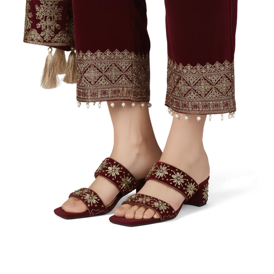 Maroon Velvet Embroidered Mules - Ethnic Block Heel Sandals | Nawabi Shoes BD