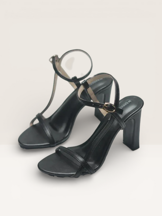 Nawabi Shoes BD black faux leather block heel sandals with ankle strap and open toe.