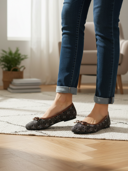 Nawabi Shoes BD women's dark brown printed ballet flats with bow detail.