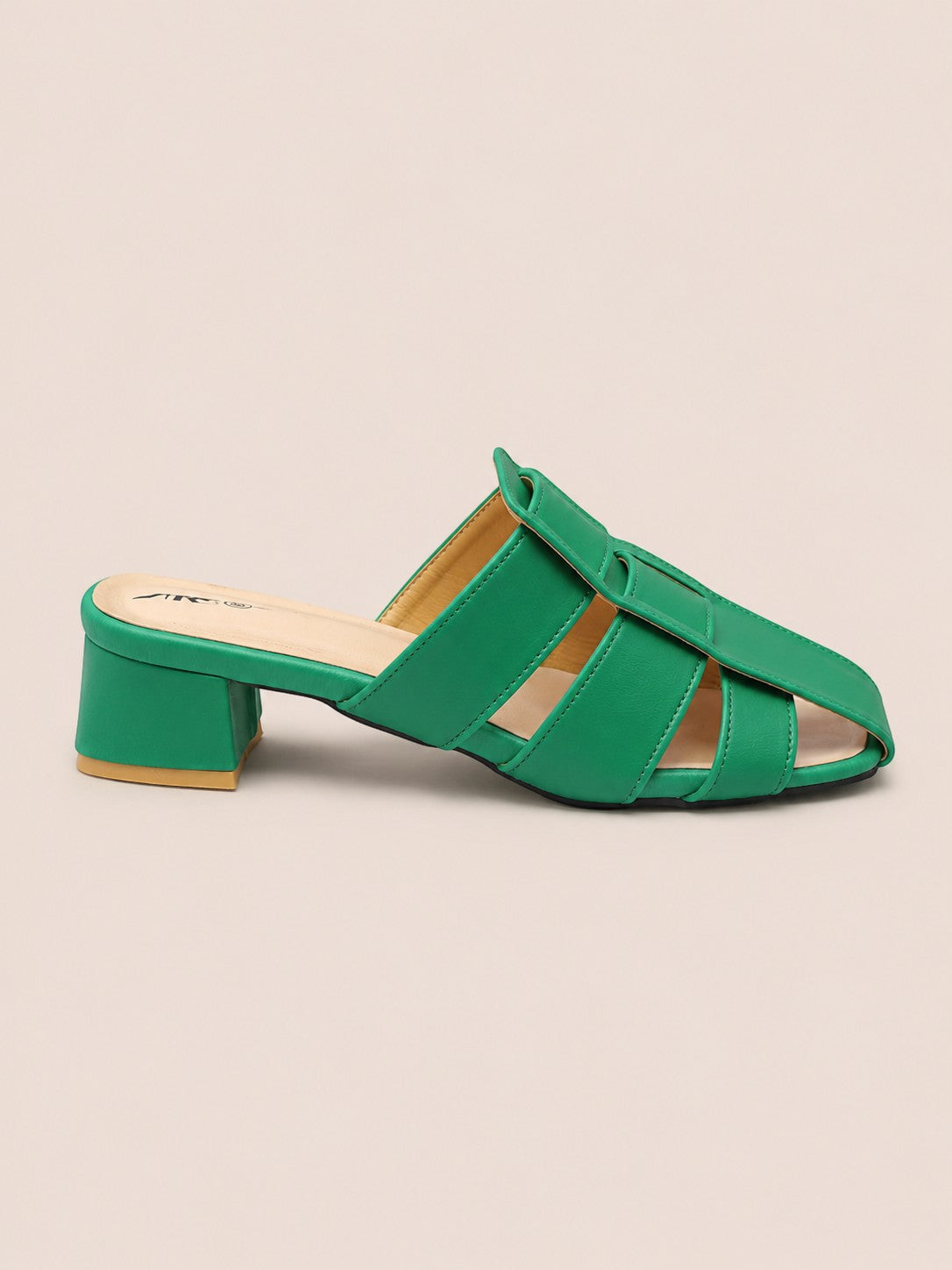 Nawabi Shoes BD green open toe block heel sandals with a stylish multi-strap upper design for women.