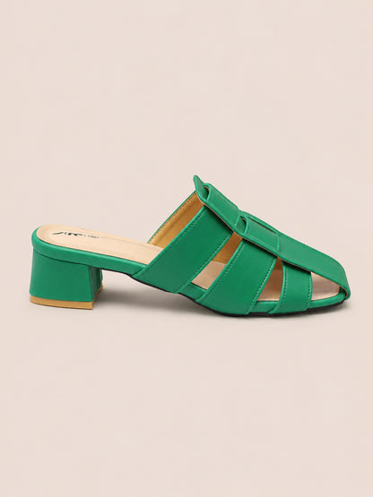 Nawabi Shoes BD green open toe block heel sandals with a stylish multi-strap upper design for women.