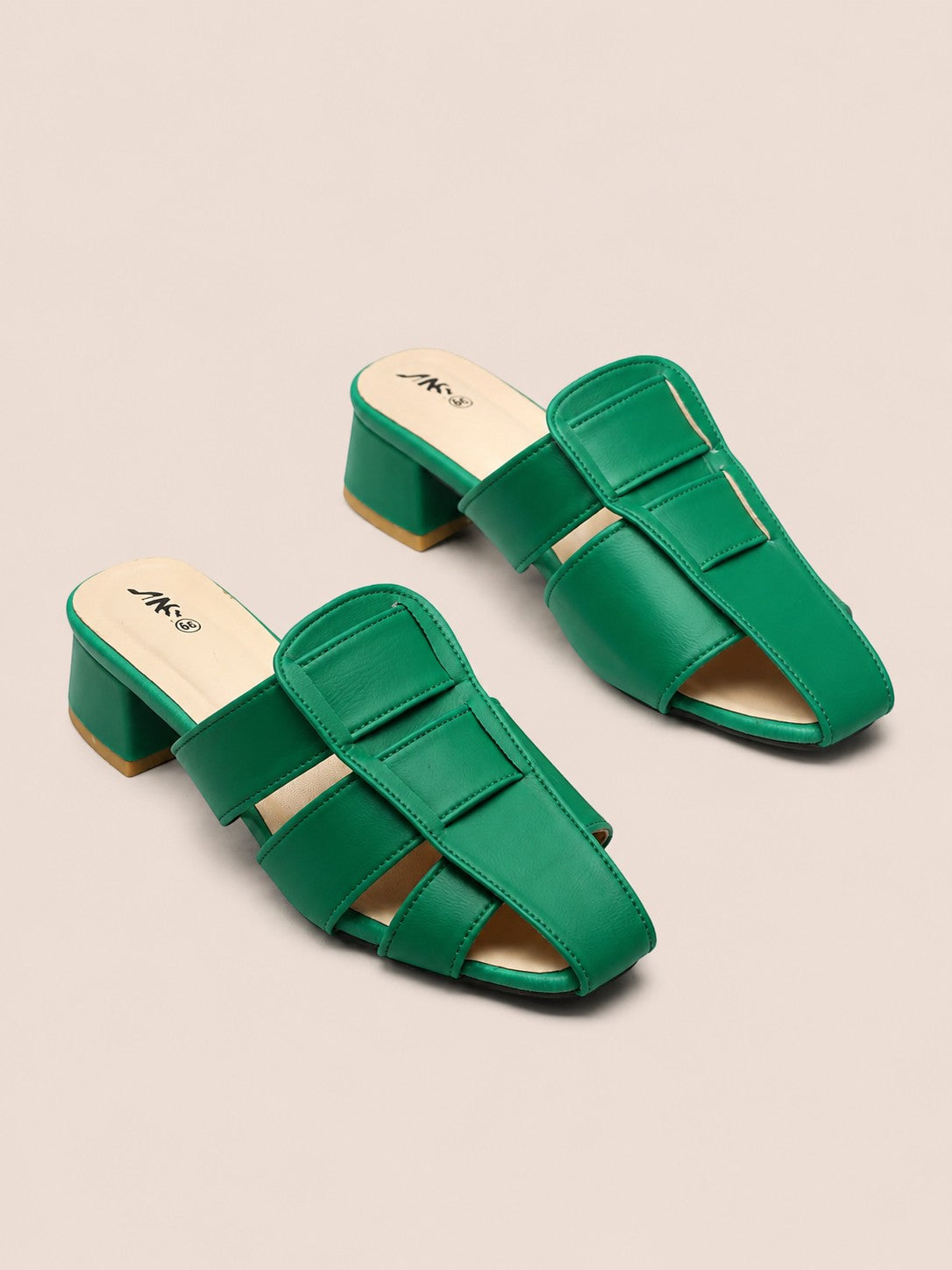 Nawabi Shoes BD green open toe block heel sandals with a stylish multi-strap design for women.