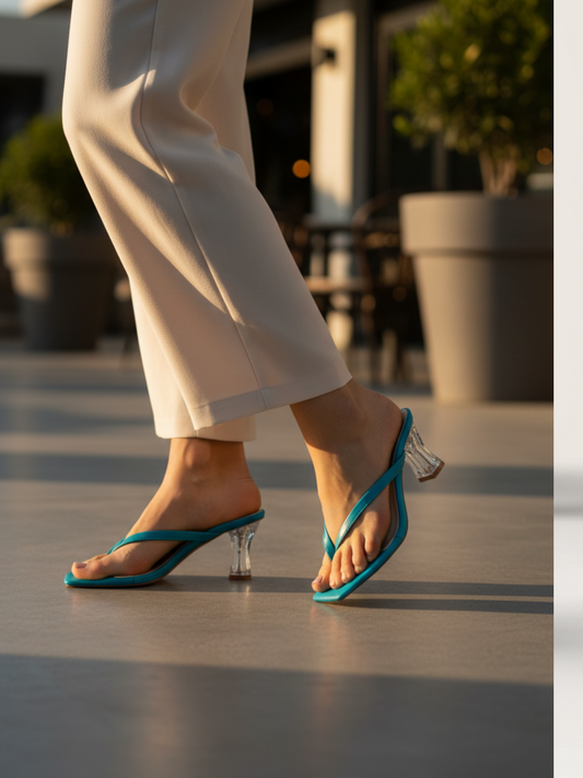 Nawabi Shoes BD women's turquoise thong sandals with clear block heels and square toe.