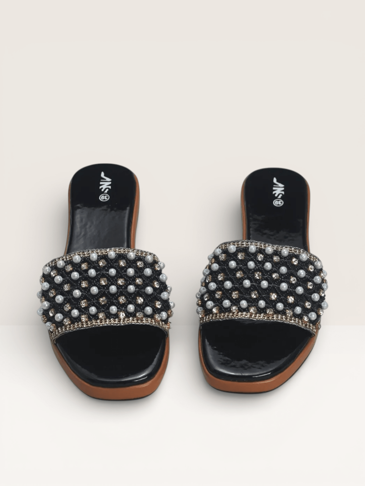 Pearl & Rhinestone Embellished Slides - Elegant Beaded Flat Sandals | Nawabi Shoes BD - Nawabi Shoes BD