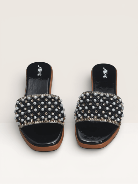 Pearl & Rhinestone Embellished Slides - Elegant Beaded Flat Sandals | Nawabi Shoes BD - Nawabi Shoes BD