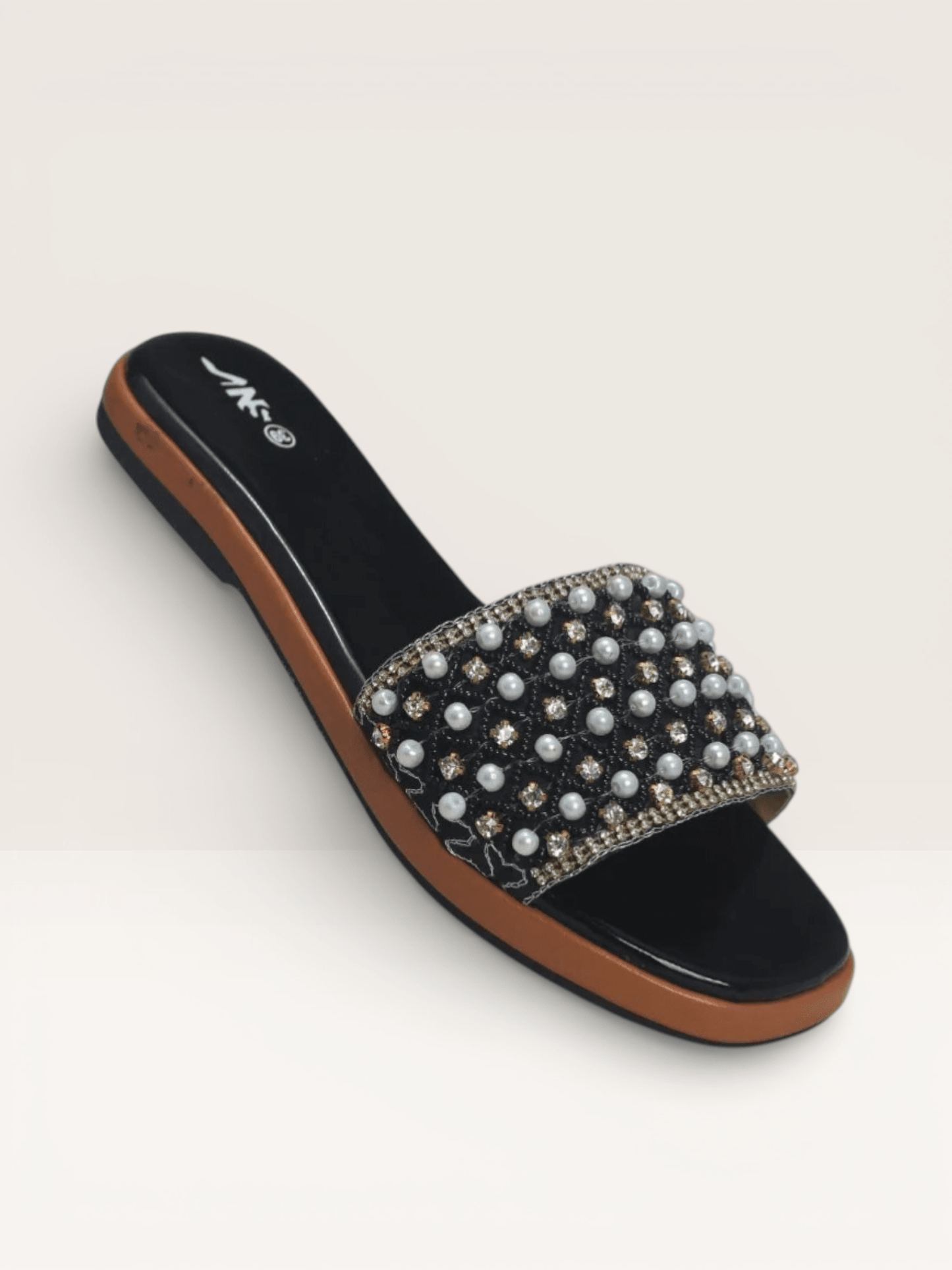Pearl & Rhinestone Embellished Slides - Elegant Beaded Flat Sandals | Nawabi Shoes BD - Nawabi Shoes BD