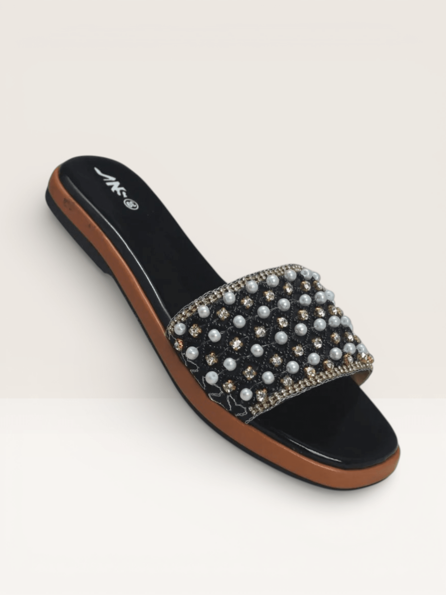 Pearl & Rhinestone Embellished Slides - Elegant Beaded Flat Sandals | Nawabi Shoes BD - Nawabi Shoes BD