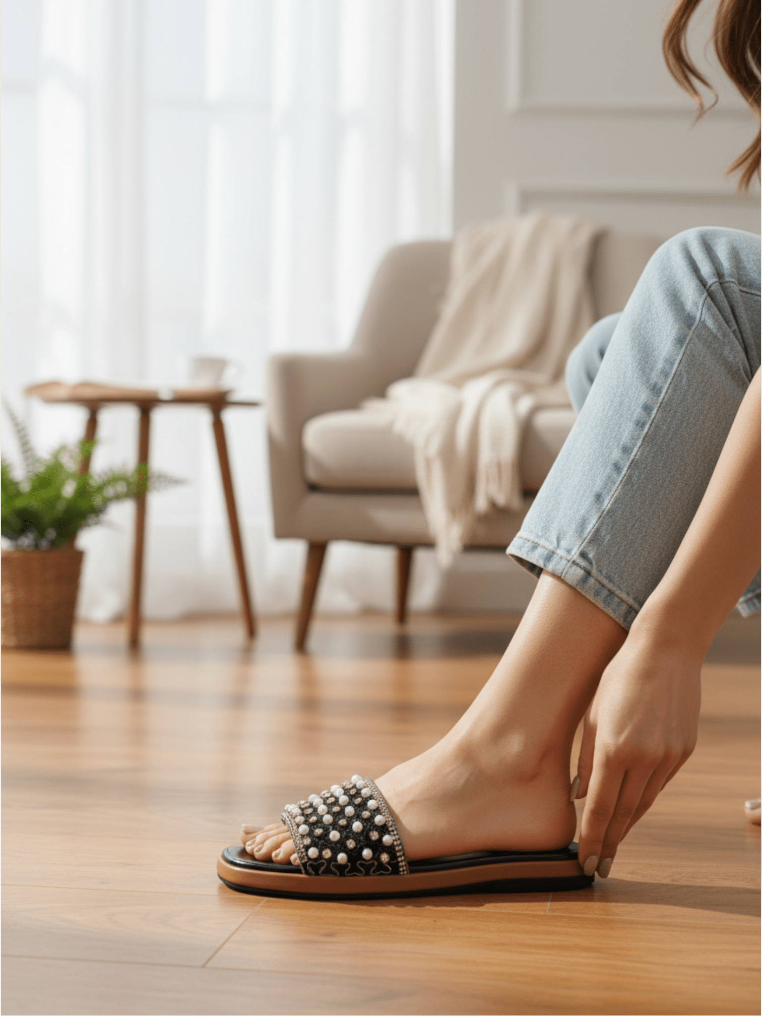 Pearl & Rhinestone Embellished Slides - Elegant Beaded Flat Sandals | Nawabi Shoes BD - Nawabi Shoes BD