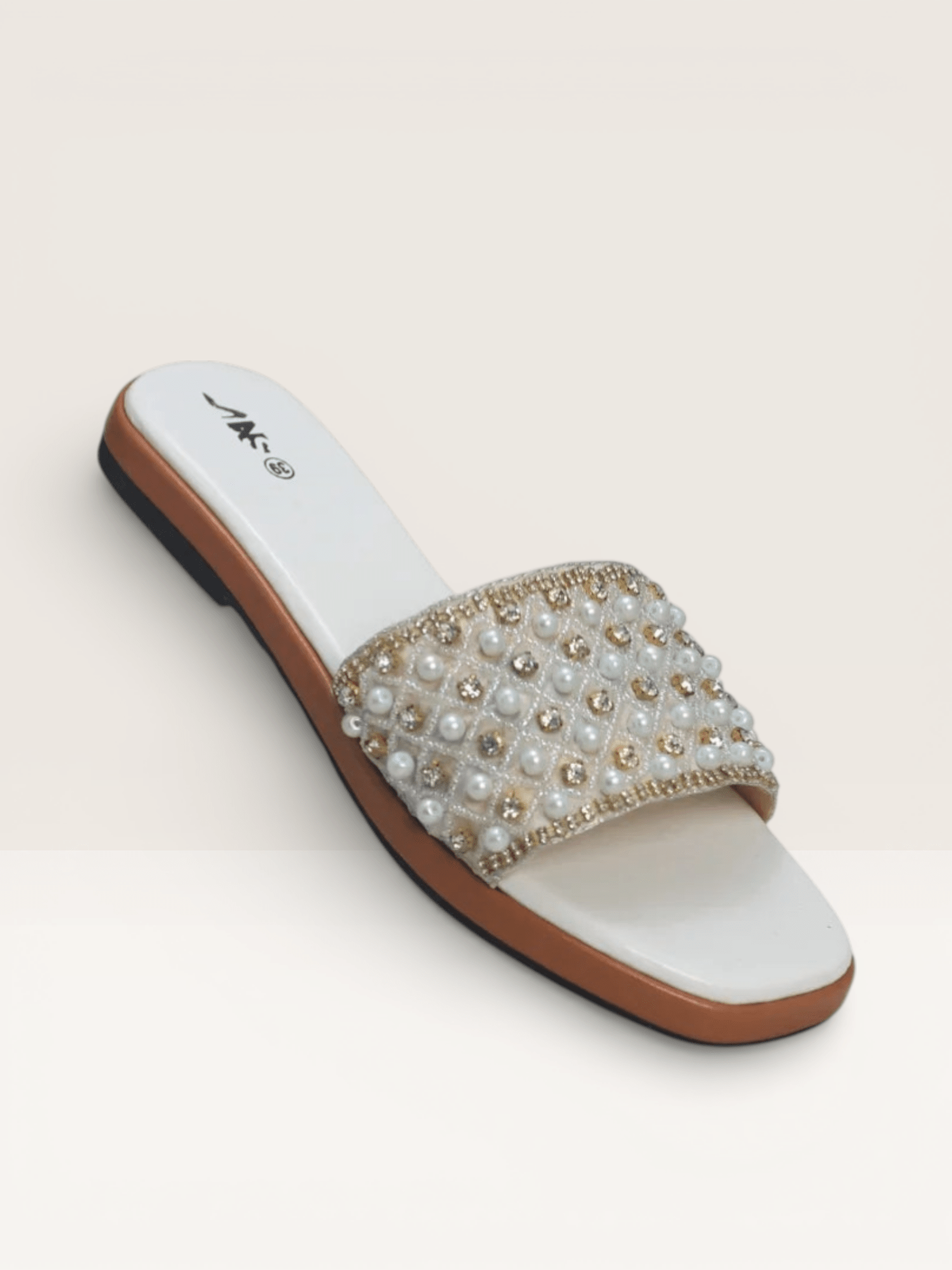 Pearl & Rhinestone Embellished Slides - Elegant Beaded Flat Sandals | Nawabi Shoes BD - Nawabi Shoes BD