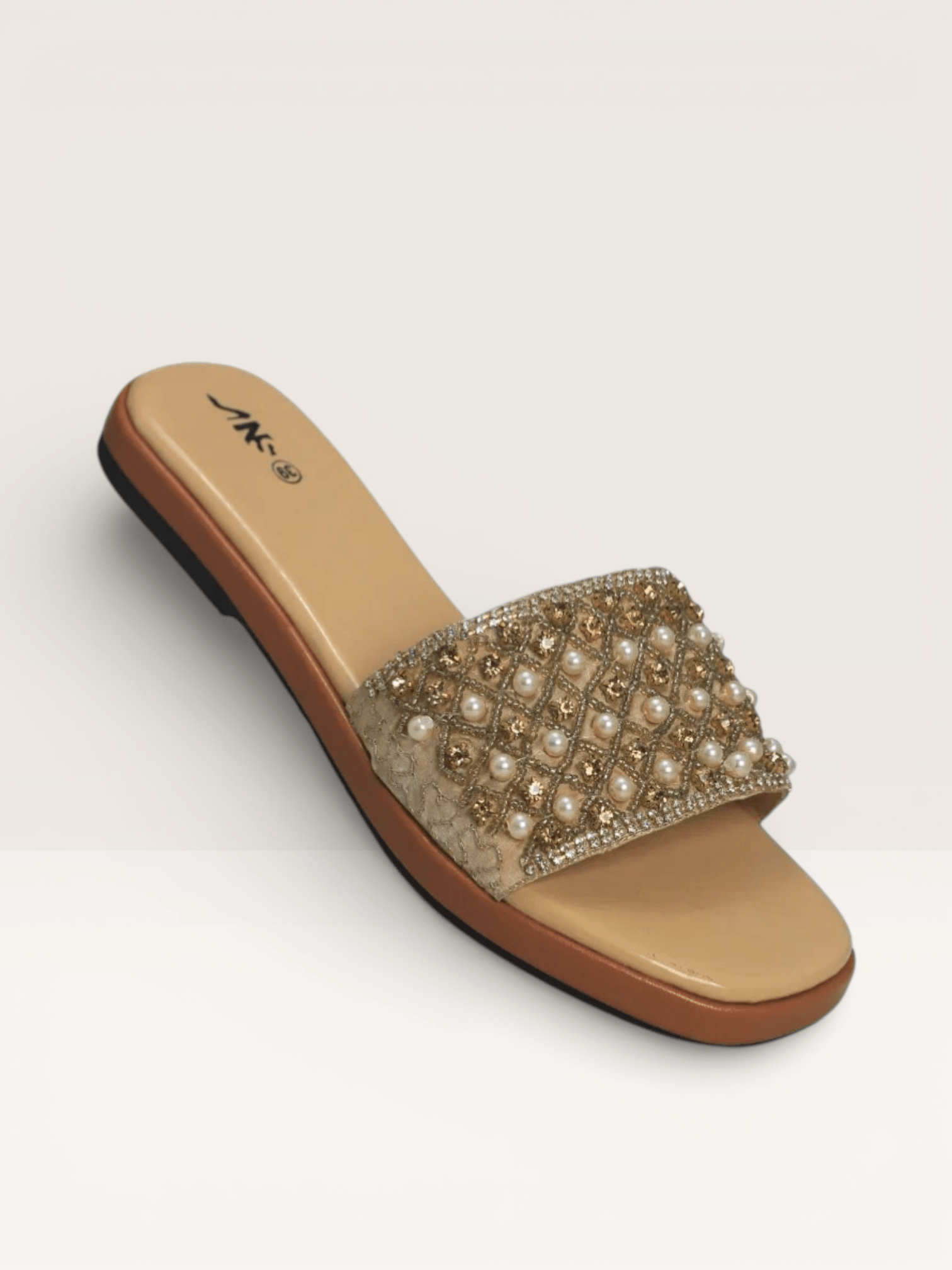 Pearl & Rhinestone Embellished Slides - Elegant Beaded Flat Sandals | Nawabi Shoes BD - Nawabi Shoes BD