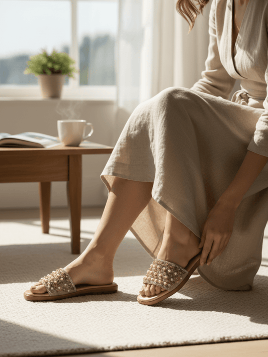 Pearl & Rhinestone Embellished Slides - Elegant Beaded Flat Sandals | Nawabi Shoes BD - Nawabi Shoes BD