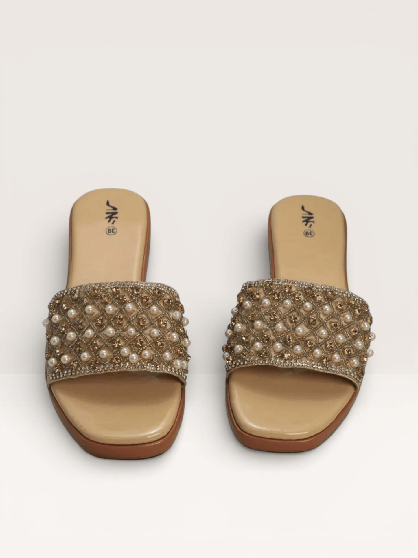 Pearl & Rhinestone Embellished Slides - Elegant Beaded Flat Sandals | Nawabi Shoes BD - Nawabi Shoes BD