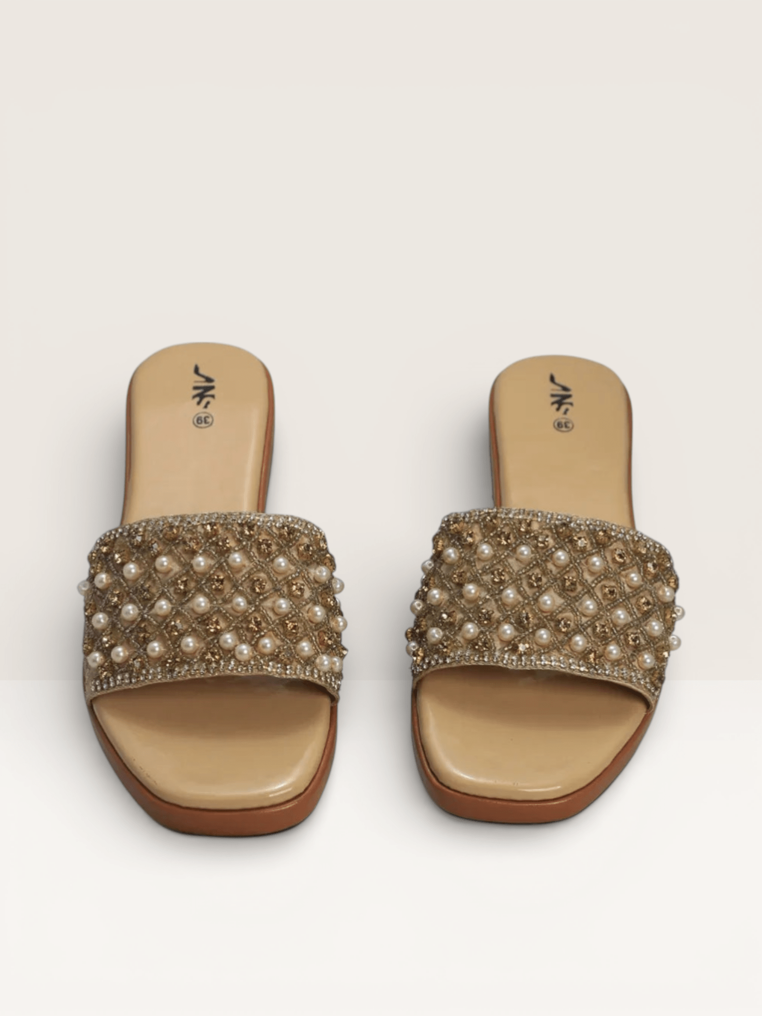 Pearl & Rhinestone Embellished Slides - Elegant Beaded Flat Sandals | Nawabi Shoes BD - Nawabi Shoes BD