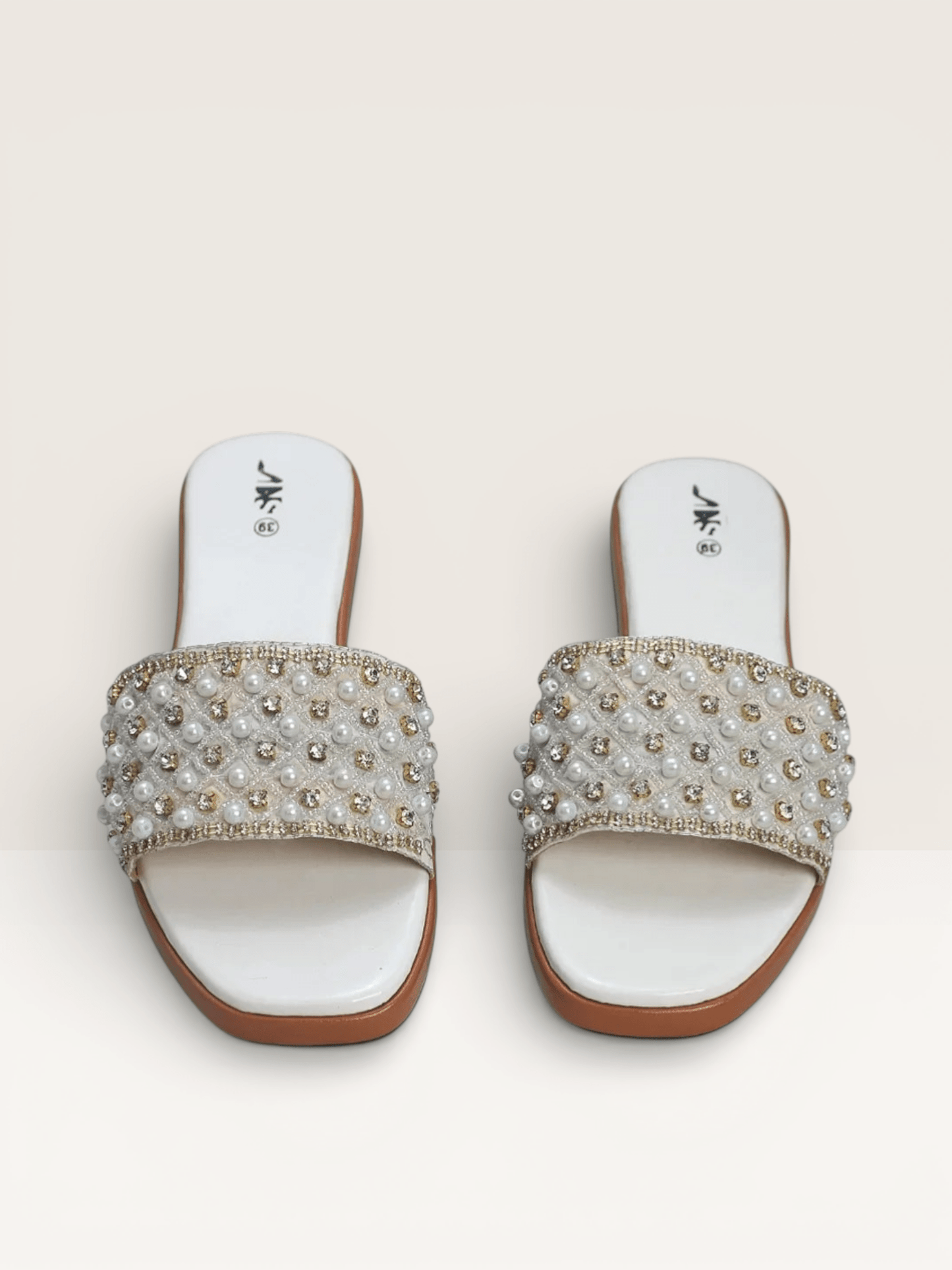 Pearl & Rhinestone Embellished Slides - Elegant Beaded Flat Sandals | Nawabi Shoes BD - Nawabi Shoes BD
