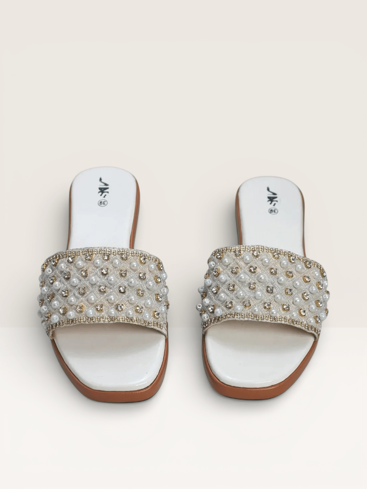Pearl & Rhinestone Embellished Slides - Elegant Beaded Flat Sandals | Nawabi Shoes BD - Nawabi Shoes BD