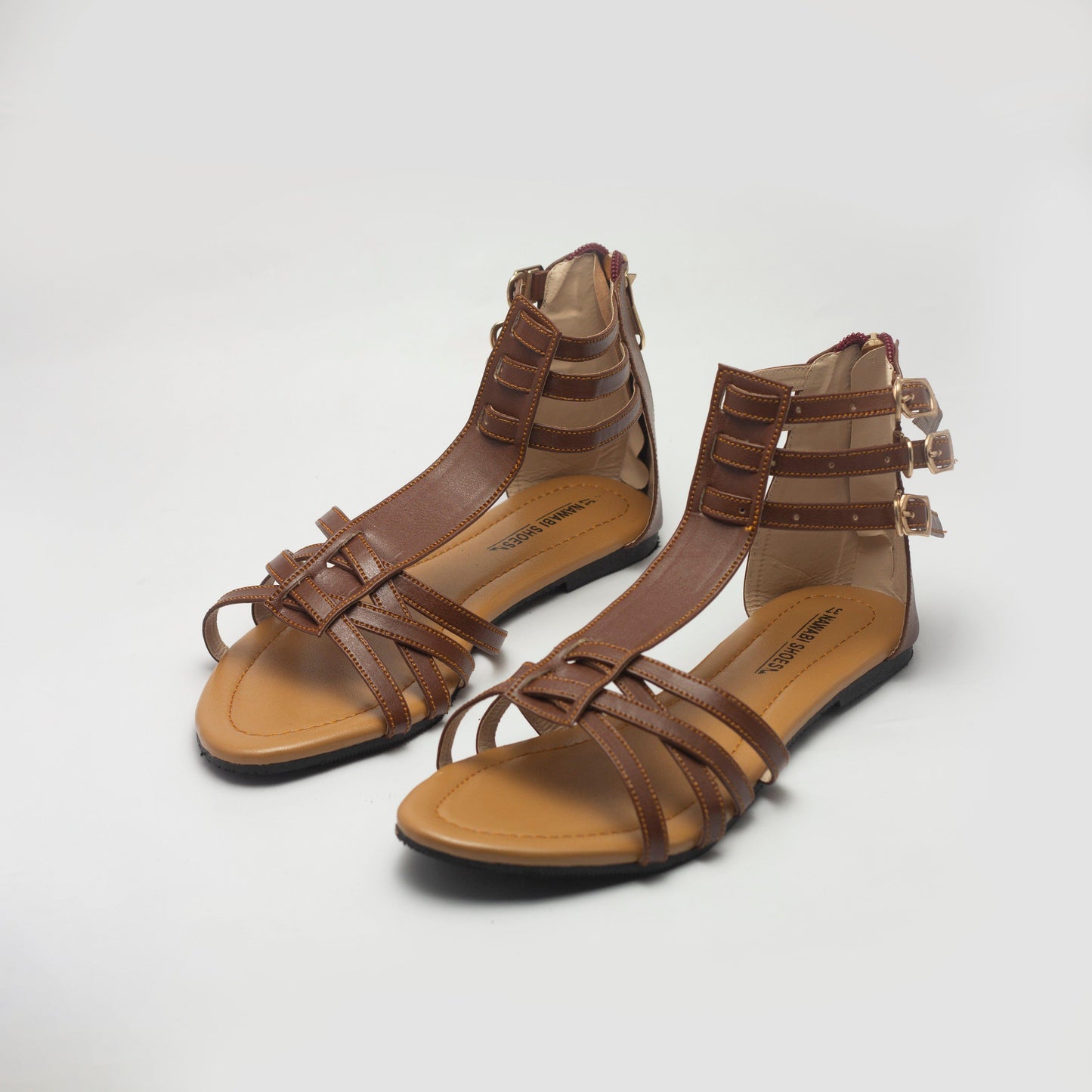  Saddlebrown Cross Strap Zipper Women's Flat Sandals - Nawabi Shoes BD