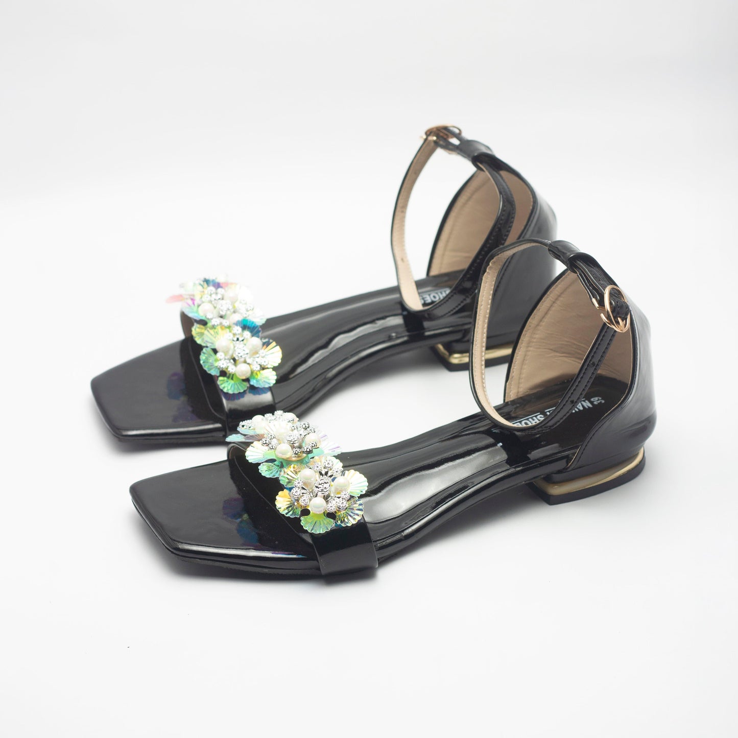 Black Crystal Strappy Women's Flat Sandals- Nawabi Shoes BD