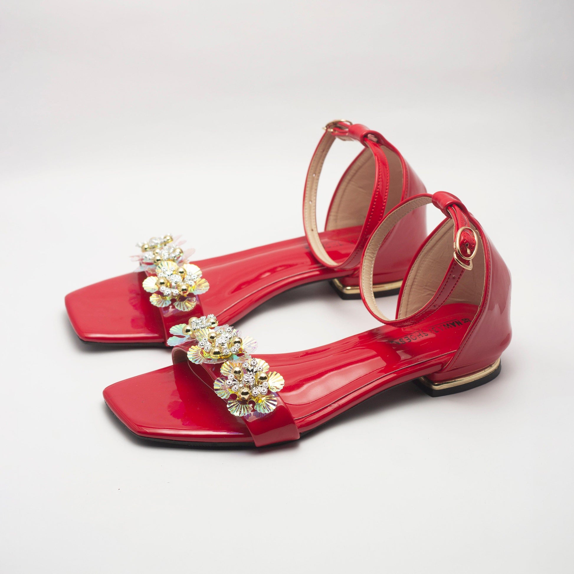 Red Crystal Strappy Women's Flat Sandals- Nawabi Shoes BD