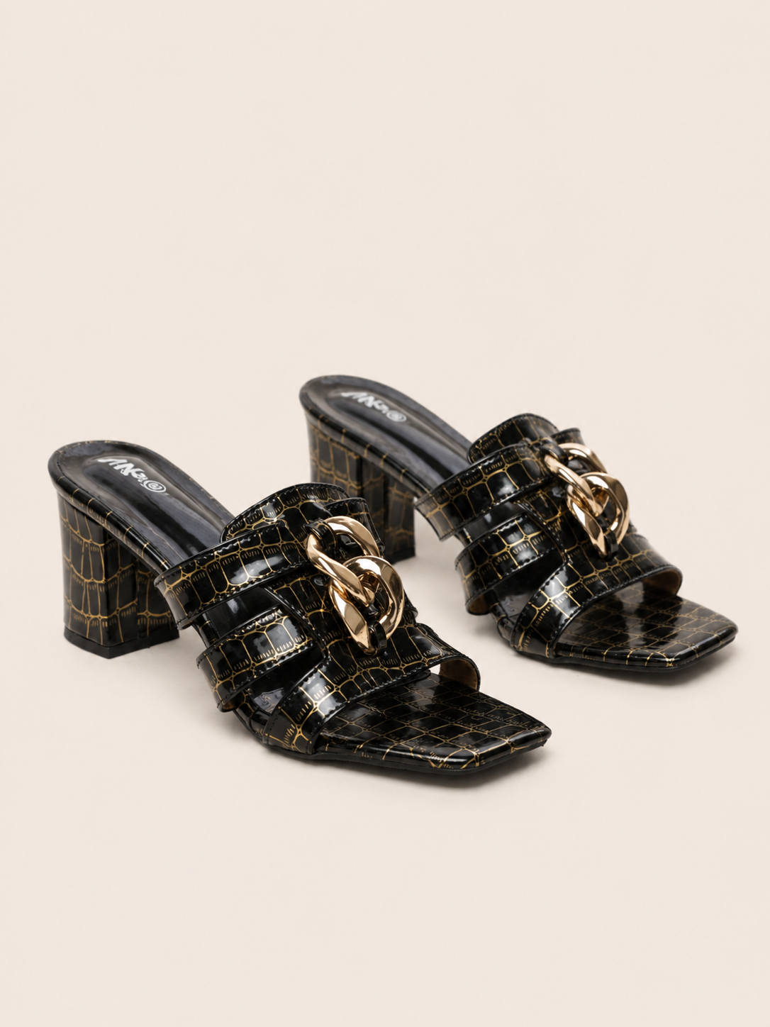 Women's Glossy Black Croc Block Heel Sandals with Gold Chain