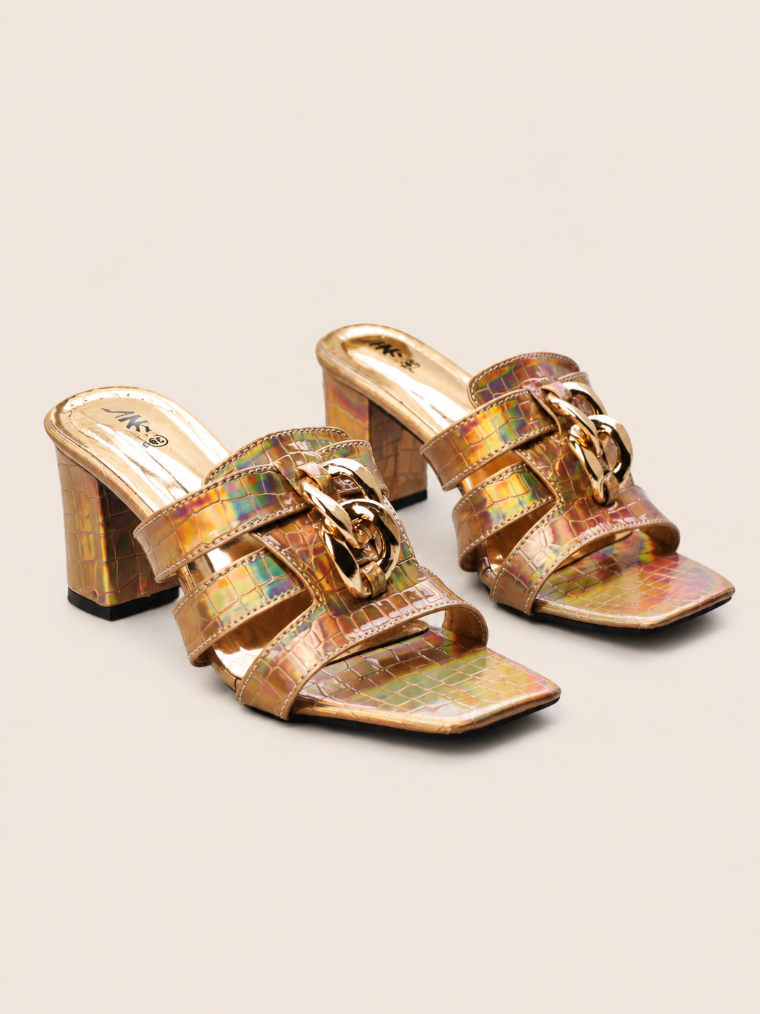 
Women's Holographic Gold Croc Block Heel Sandals with Gold Chain
